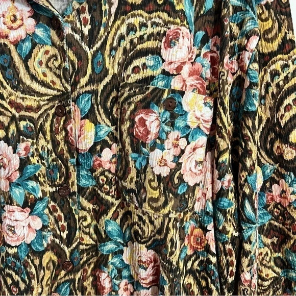 Roamans Floral Rose Button Up Blouse 1X Front Pocket Swirls Long Sleeve Stretch - Picture 6 of 8